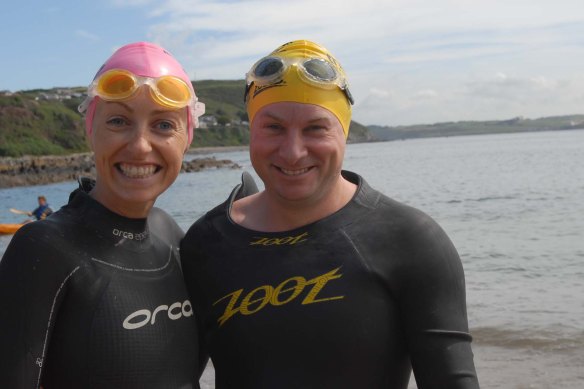 Lizzie Lee from Bishopstown and Ivan Kelleher from Friars Walk pictured at the start of the Myrteville to Church Bay RNLI Sea Swim  (pic Howard Crowdy)